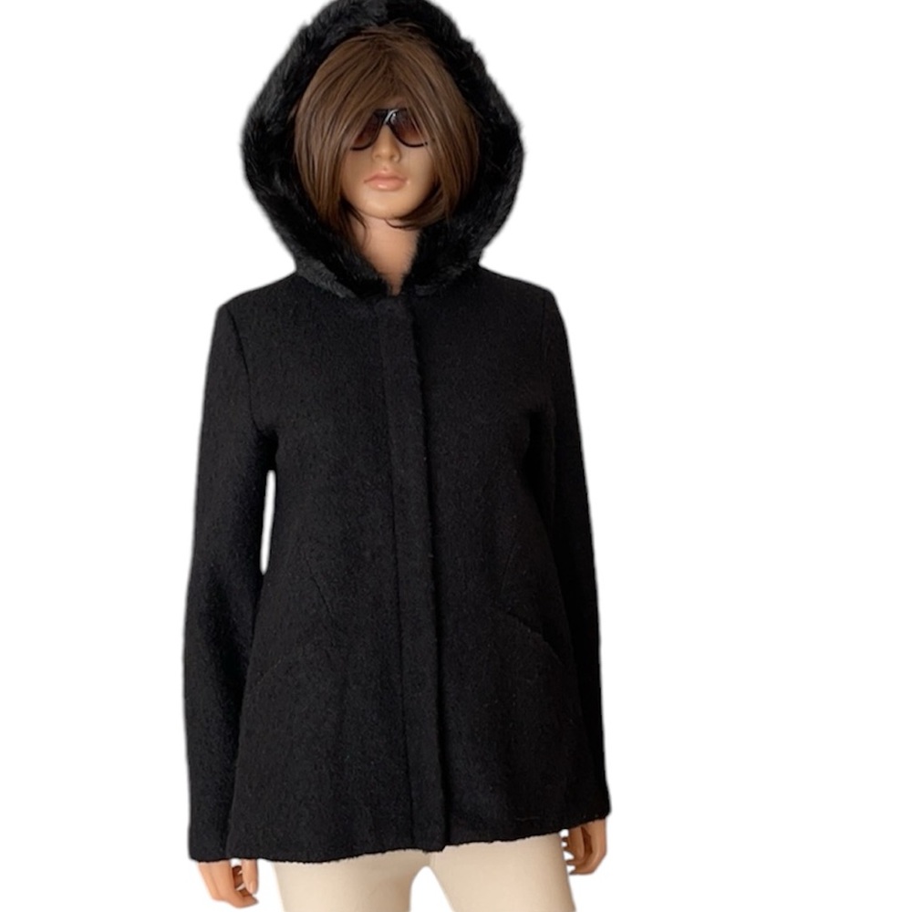 Laundry by Shelli Segal Black Wool Blend Hooded Hidden Zipper Snap Jacket